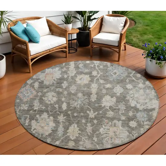 8' Gray Beige And Blue Round Floral Washable Indoor Outdoor Area Rug Photo 9