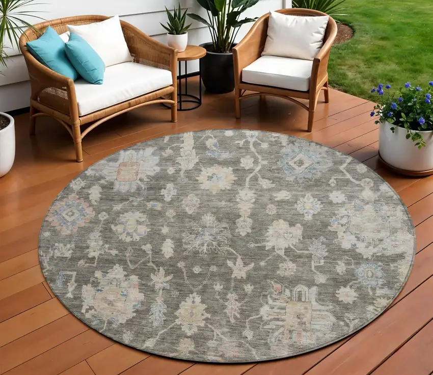 8' Gray Beige And Blue Round Floral Washable Indoor Outdoor Area Rug Photo 9
