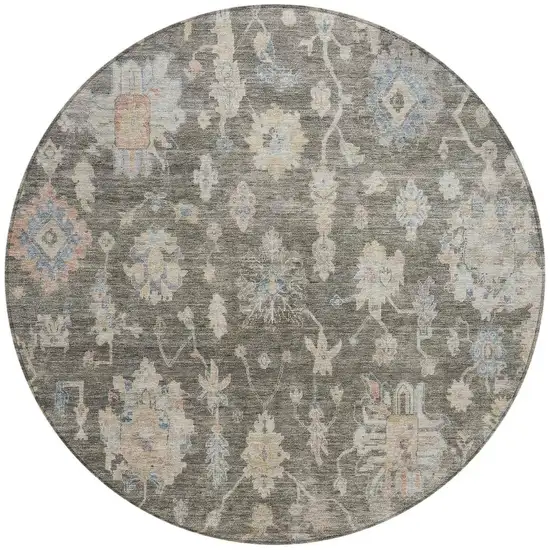 8' Gray Beige And Blue Round Floral Washable Indoor Outdoor Area Rug Photo 2