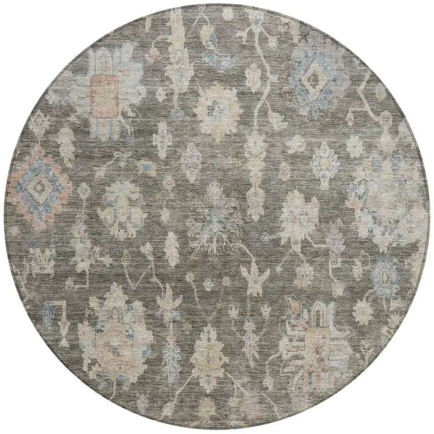 8' Gray Beige And Blue Round Floral Washable Indoor Outdoor Area Rug Photo 2