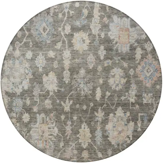 8' Gray Beige And Blue Round Floral Washable Indoor Outdoor Area Rug Photo 3
