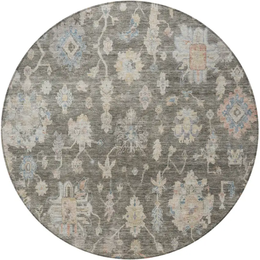 8' Gray Beige And Blue Round Floral Washable Indoor Outdoor Area Rug Photo 3