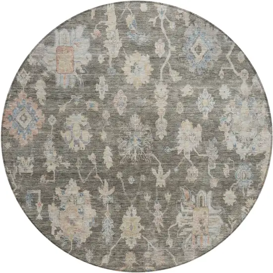 8' Gray Beige And Blue Round Floral Washable Indoor Outdoor Area Rug Photo 1