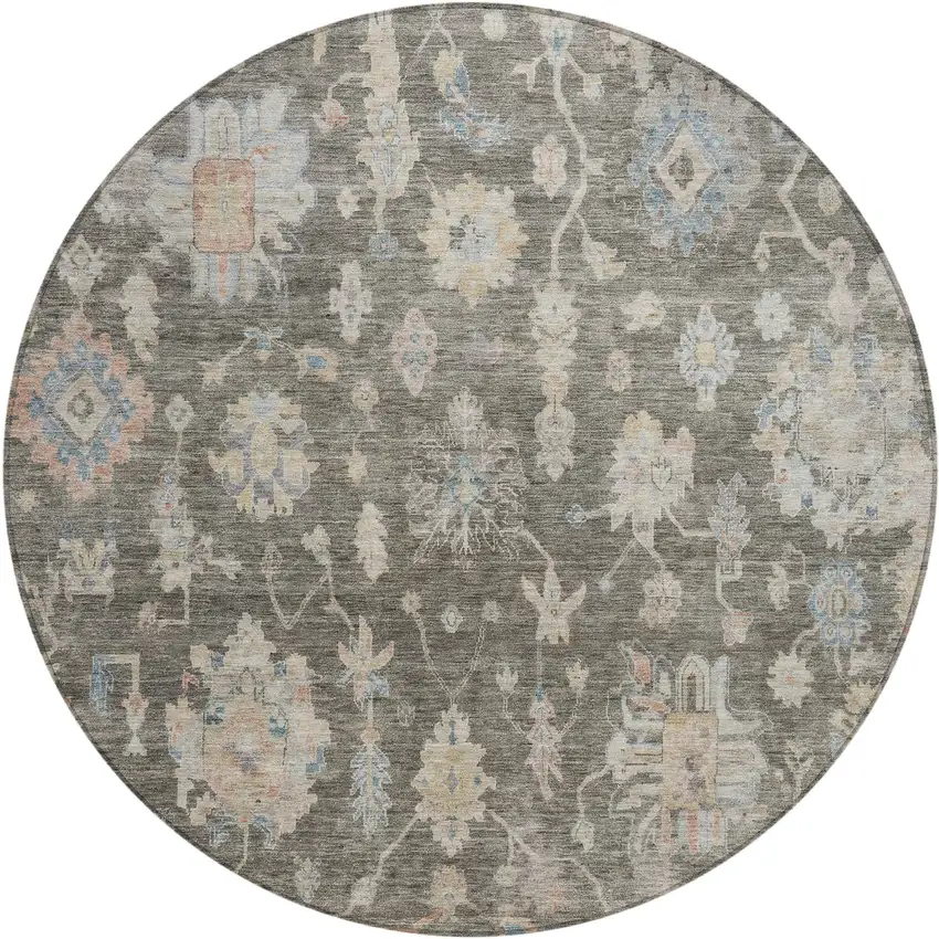 8' Gray Beige And Blue Round Floral Washable Indoor Outdoor Area Rug Photo 1