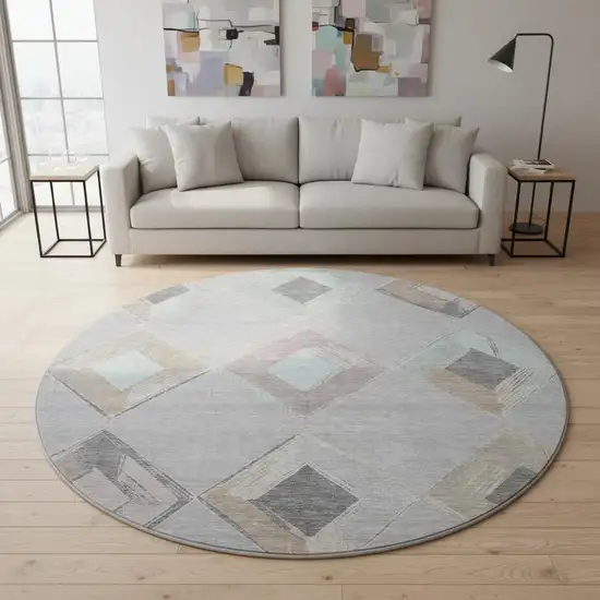 8' Gray Beige And Charcoal Geometric Washable Round Rug With UV Protection Photo 2