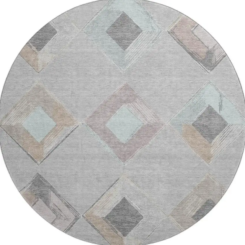 8' Gray Beige And Charcoal Geometric Washable Round Rug With UV Protection Photo 4