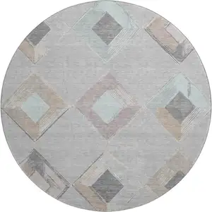 Photo of 8' Gray Beige And Charcoal Geometric Washable Round Rug With UV Protection