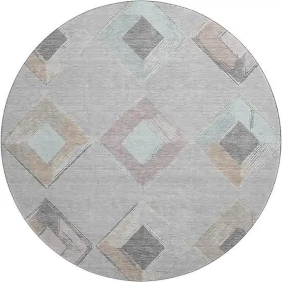 8' Gray Beige And Charcoal Geometric Washable Round Rug With UV Protection Photo 1