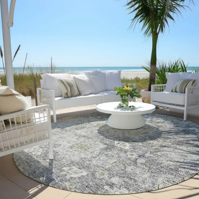 8' Gray Beige And Charcoal Round Oriental Washable Indoor Outdoor Area Rug Photo 6