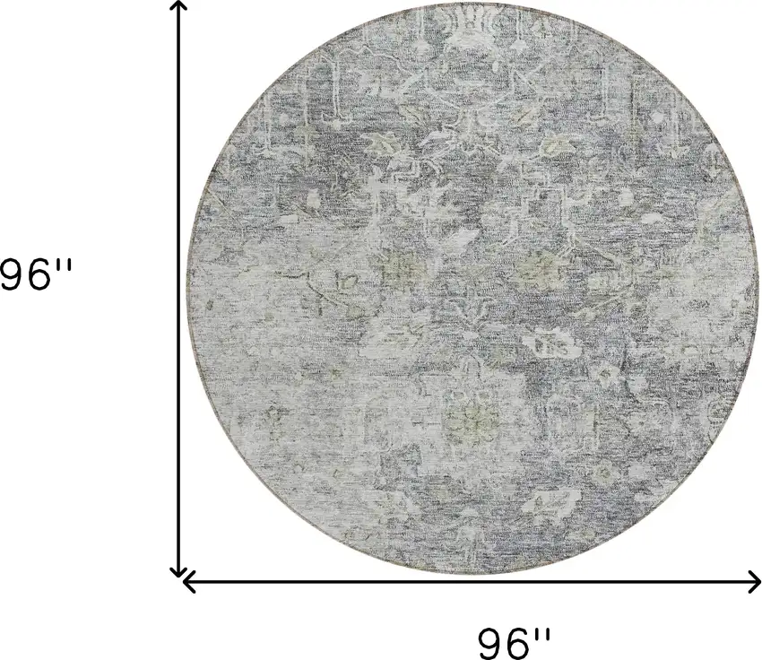 8' Gray Beige And Charcoal Round Oriental Washable Indoor Outdoor Area Rug Photo 3