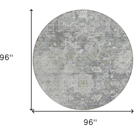 8' Gray Beige And Charcoal Round Oriental Washable Indoor Outdoor Area Rug Photo 3