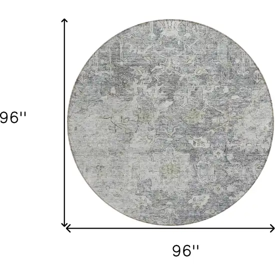 8' Gray Beige And Charcoal Round Oriental Washable Indoor Outdoor Area Rug Photo 3