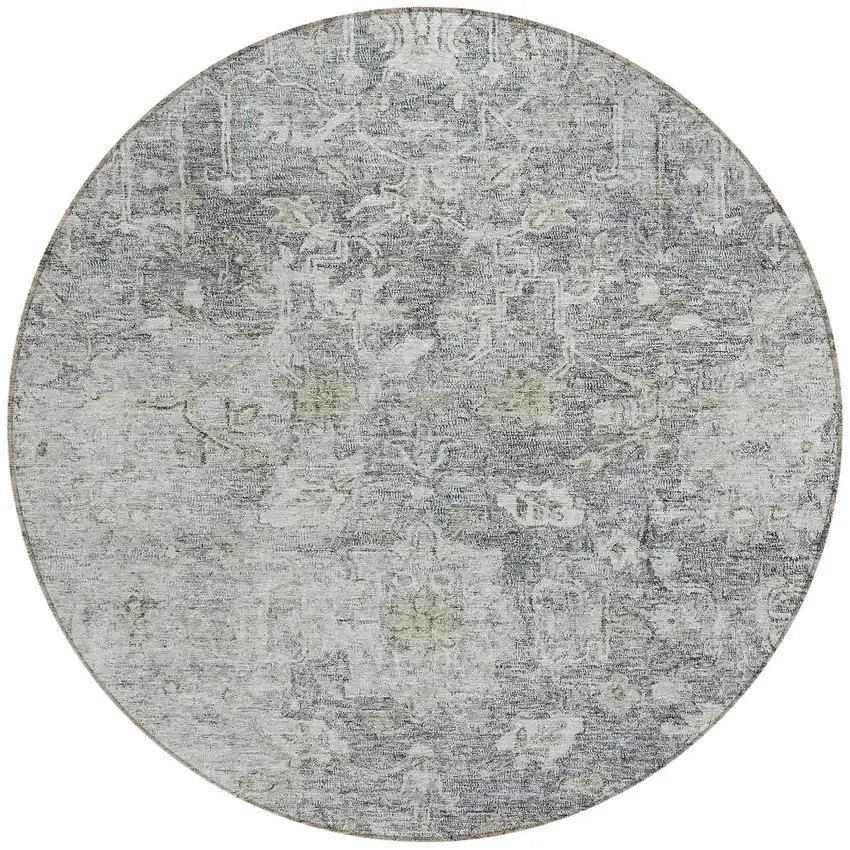 8' Gray Beige And Charcoal Round Oriental Washable Indoor Outdoor Area Rug Photo 5