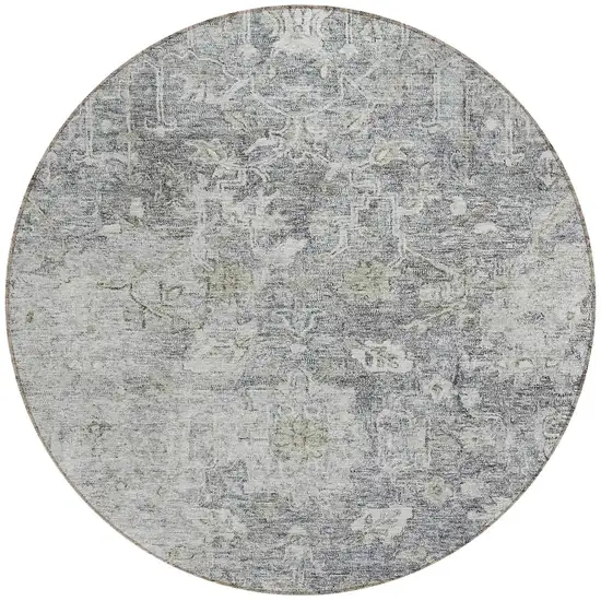 8' Gray Beige And Charcoal Round Oriental Washable Indoor Outdoor Area Rug Photo 5