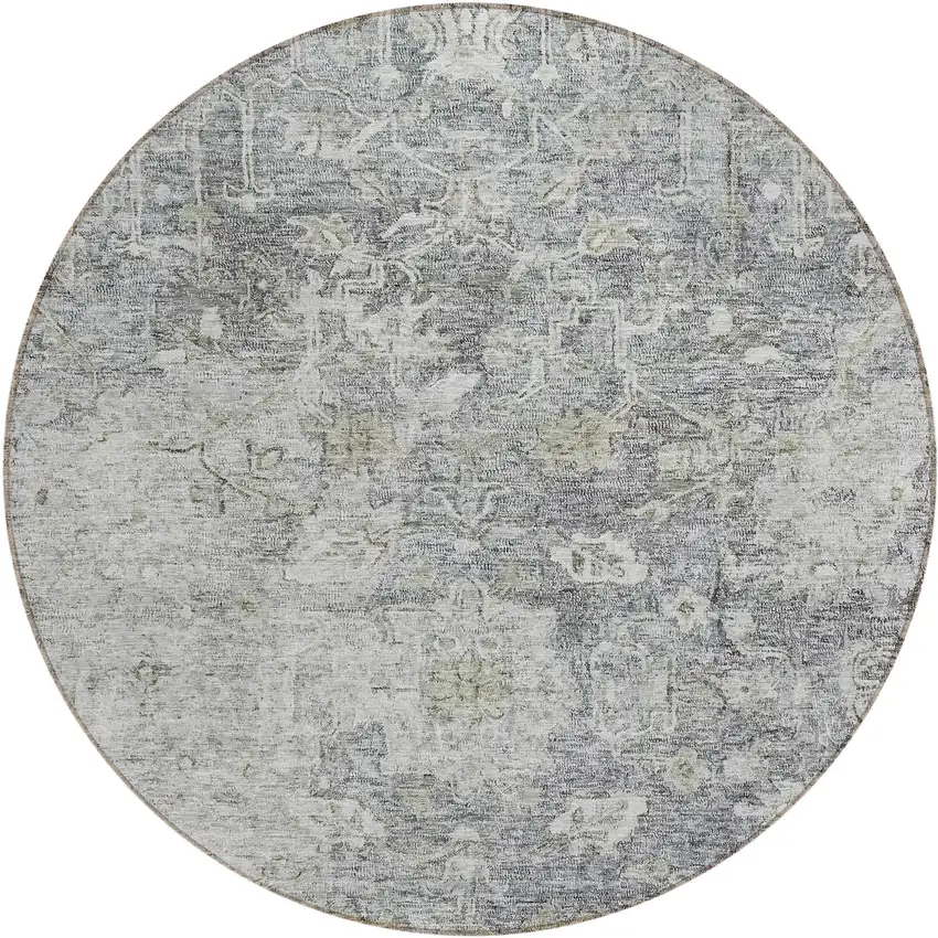 8' Gray Beige And Charcoal Round Oriental Washable Indoor Outdoor Area Rug Photo 2