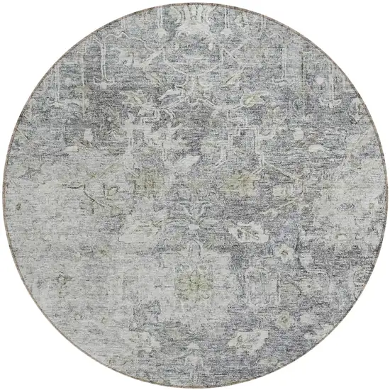 8' Gray Beige And Charcoal Round Oriental Washable Indoor Outdoor Area Rug Photo 2