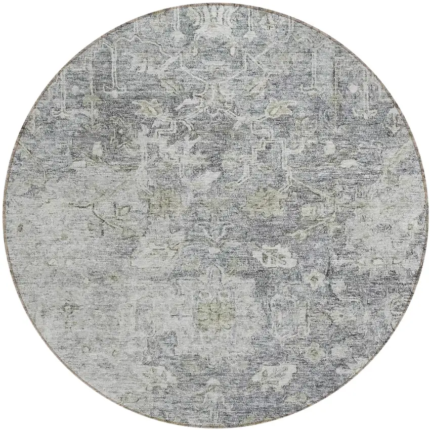 8' Gray Beige And Charcoal Round Oriental Washable Indoor Outdoor Area Rug Photo 2