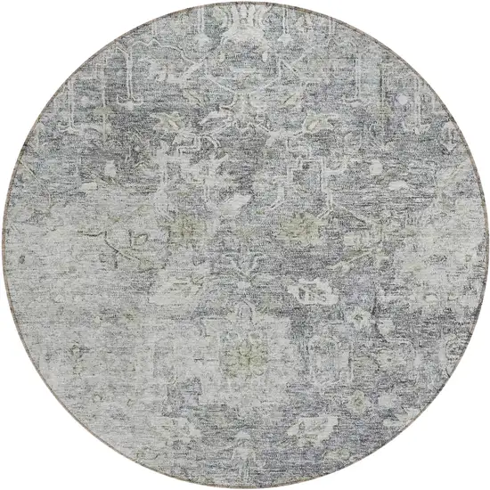 8' Gray Beige And Charcoal Round Oriental Washable Indoor Outdoor Area Rug Photo 2