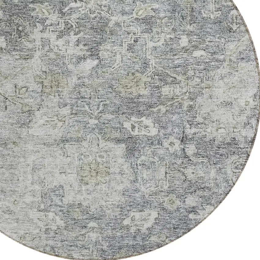 8' Gray Beige And Charcoal Round Oriental Washable Indoor Outdoor Area Rug Photo 4