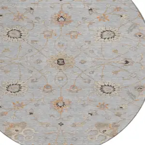 Photo of 8' Gray Beige And Coral Round Floral Washable Indoor Outdoor Area Rug