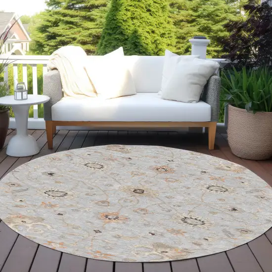 8' Gray Beige And Coral Round Floral Washable Indoor Outdoor Area Rug Photo 8