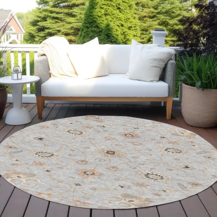 8' Gray Beige And Coral Round Floral Washable Indoor Outdoor Area Rug Photo 8