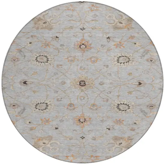 8' Gray Beige And Coral Round Floral Washable Indoor Outdoor Area Rug Photo 7