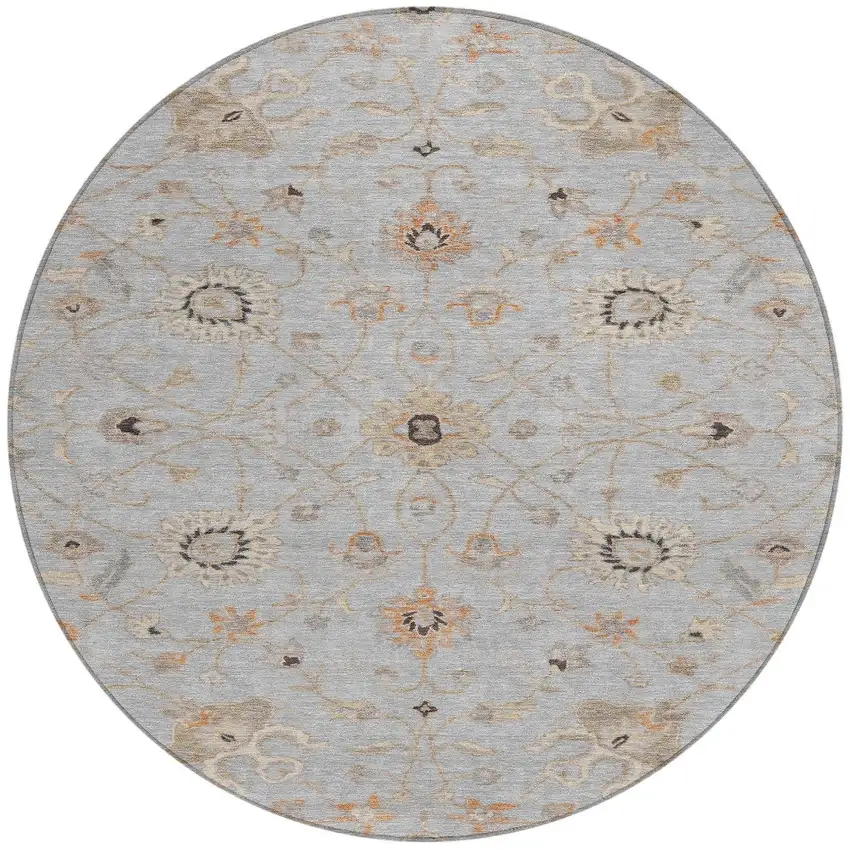 8' Gray Beige And Coral Round Floral Washable Indoor Outdoor Area Rug Photo 7