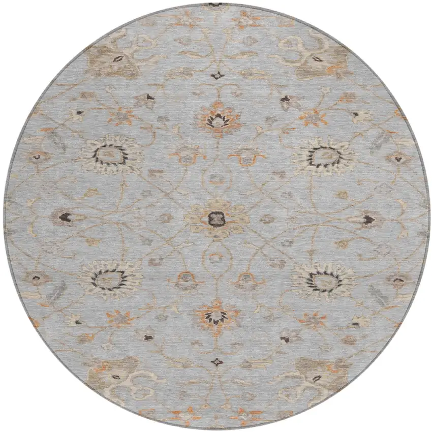 8' Gray Beige And Coral Round Floral Washable Indoor Outdoor Area Rug Photo 2