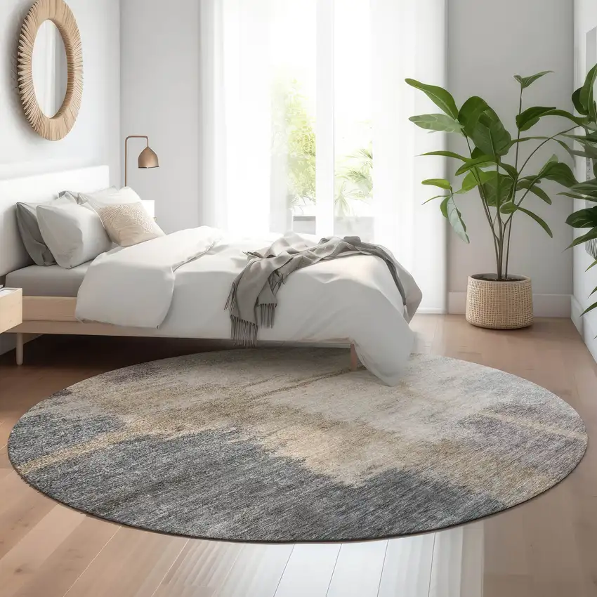 8' Gray Beige And Ivory Abstract Washable Round Rug With UV Protection Photo 5