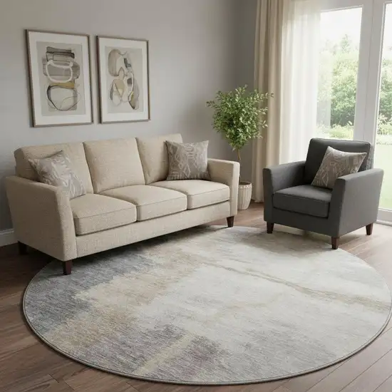 8' Gray Beige And Ivory Abstract Washable Round Rug With UV Protection Photo 1