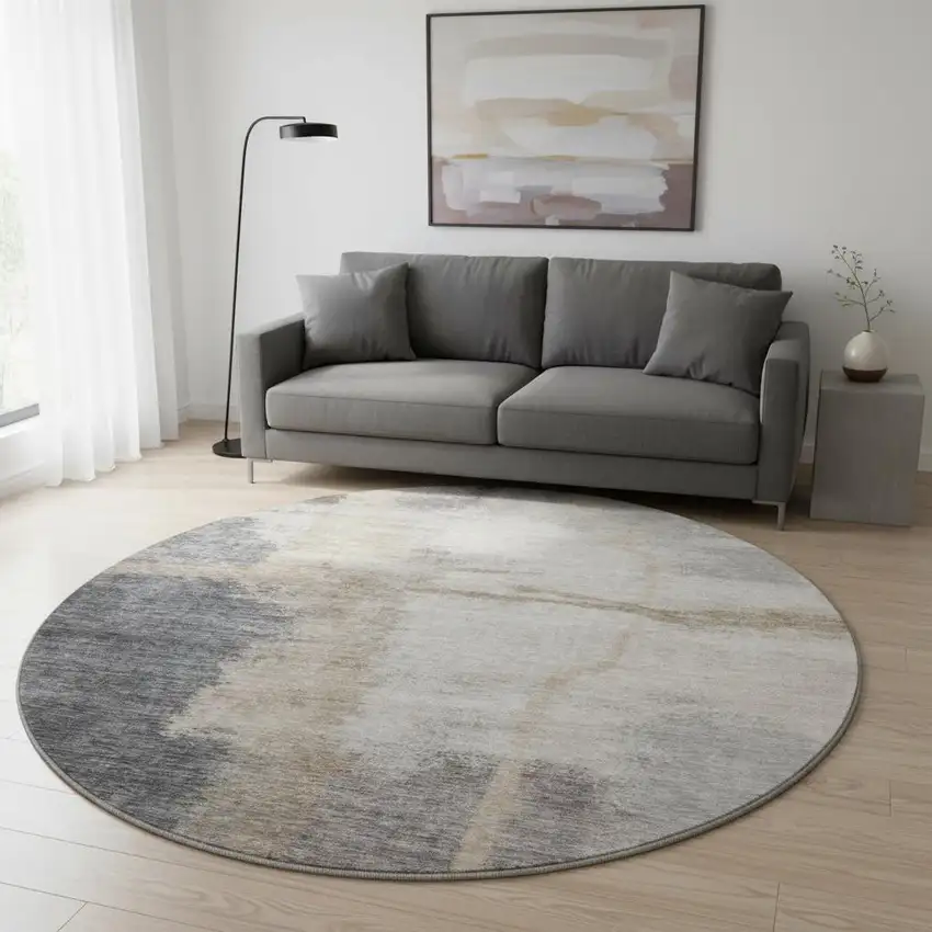 8' Gray Beige And Ivory Abstract Washable Round Rug With UV Protection Photo 2
