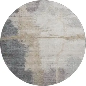 Photo of 8' Gray Beige And Ivory Abstract Washable Round Rug With UV Protection