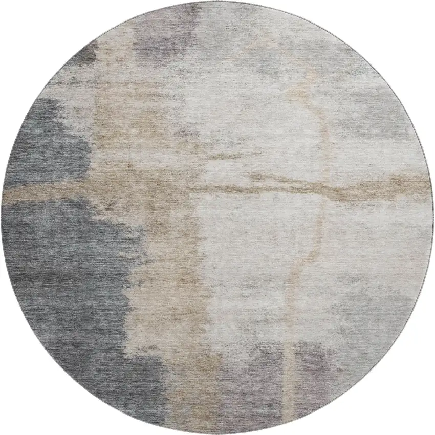 8' Gray Beige And Ivory Abstract Washable Round Rug With UV Protection Photo 1