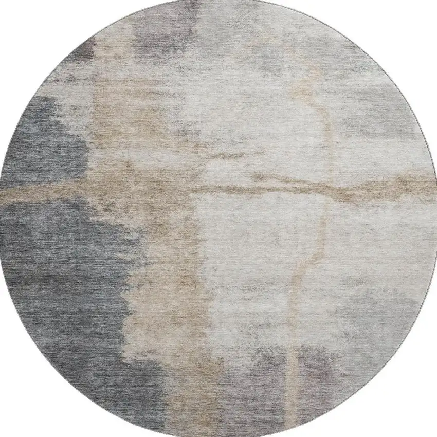 8' Gray Beige And Ivory Abstract Washable Round Rug With UV Protection Photo 4