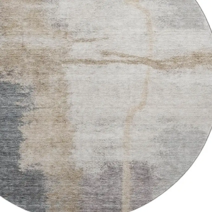 8' Gray Beige And Ivory Abstract Washable Round Rug With UV Protection Photo 3