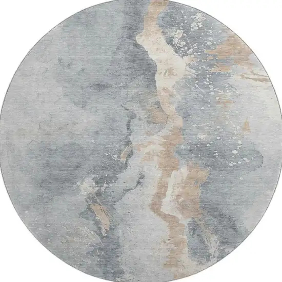 8' Gray Beige And Ivory Abstract Washable Round Rug With UV Protection Photo 3