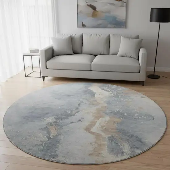 8' Gray Beige And Ivory Abstract Washable Round Rug With UV Protection Photo 2