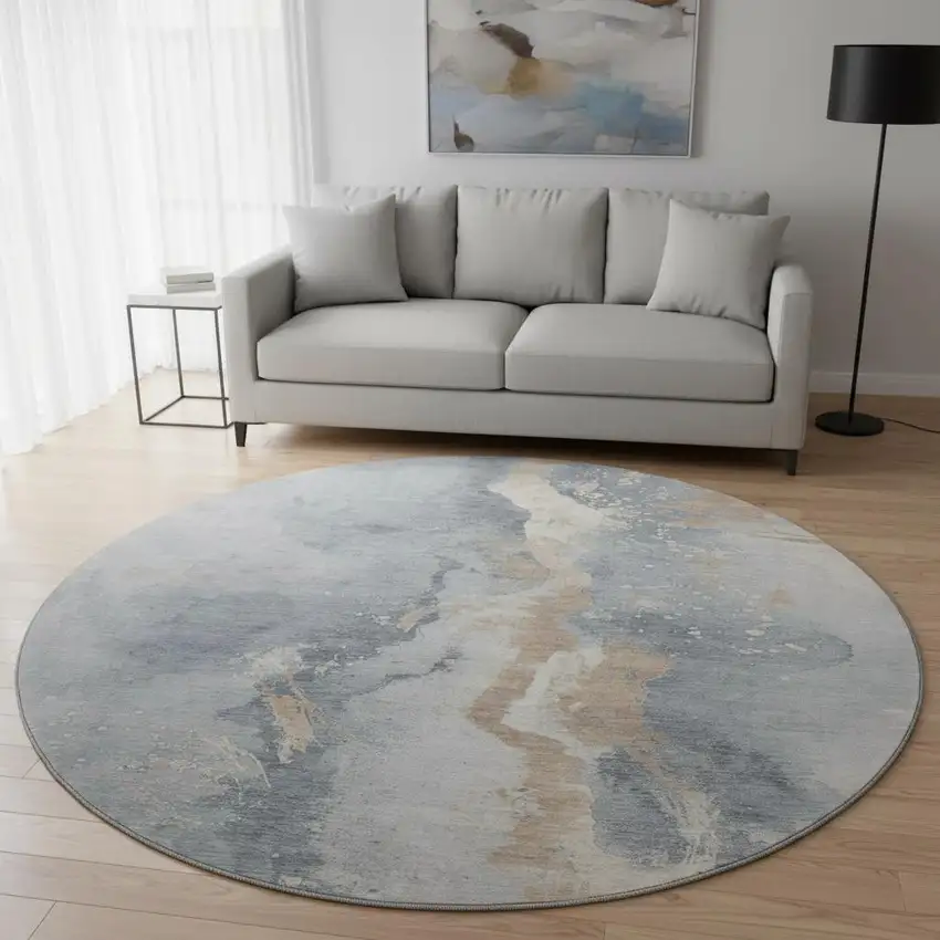 8' Gray Beige And Ivory Abstract Washable Round Rug With UV Protection Photo 2