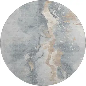 Photo of 8' Gray Beige And Ivory Abstract Washable Round Rug With UV Protection