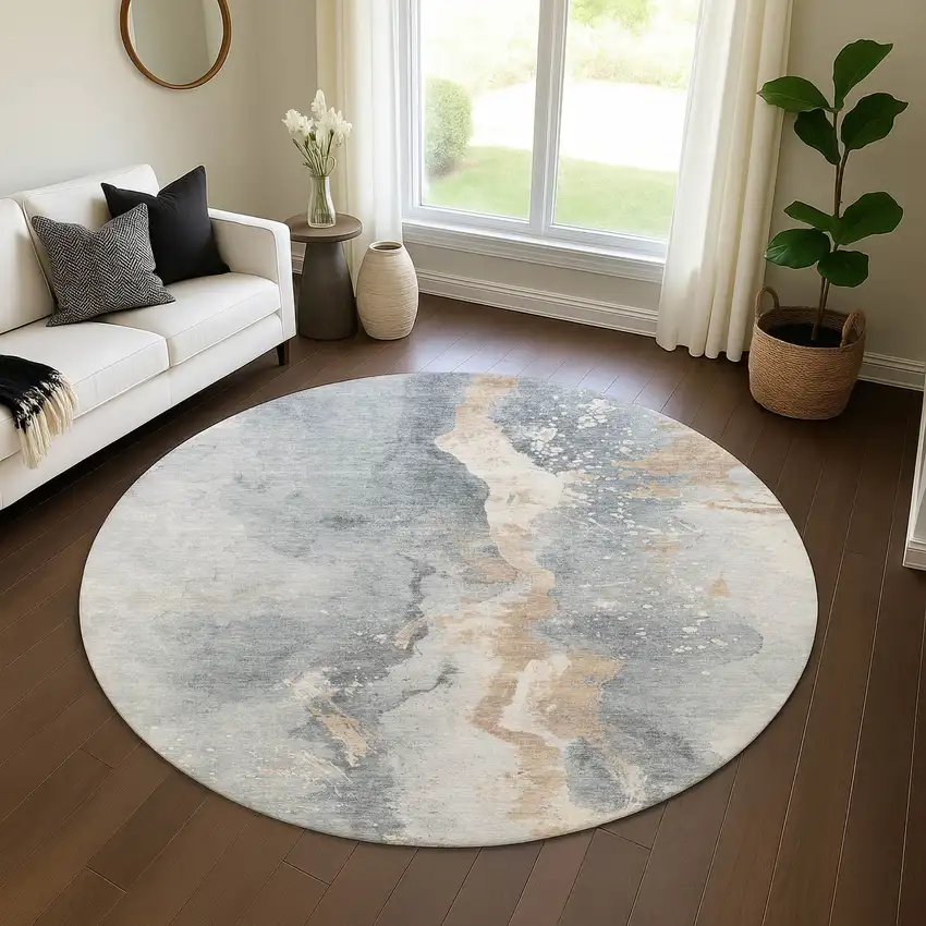 8' Gray Beige And Ivory Abstract Washable Round Rug With UV Protection Photo 4
