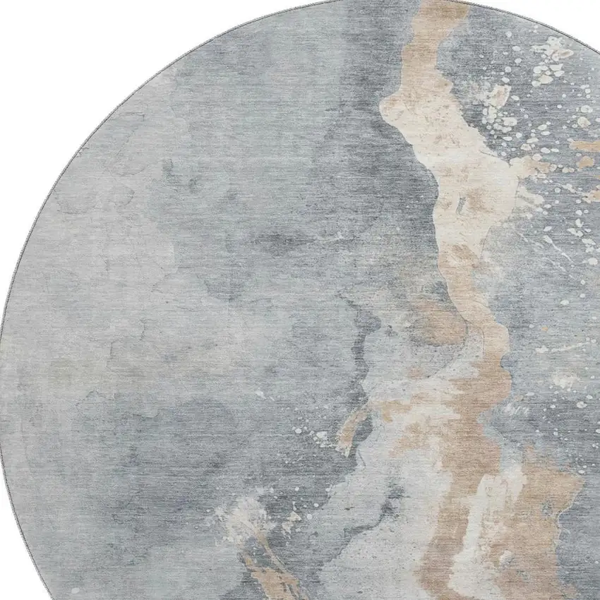 8' Gray Beige And Ivory Abstract Washable Round Rug With UV Protection Photo 2
