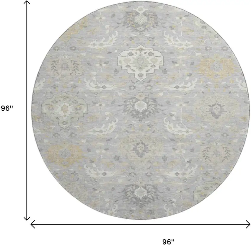 8' Gray Beige And Ivory Damask Washable Round Rug With UV Protection Photo 9