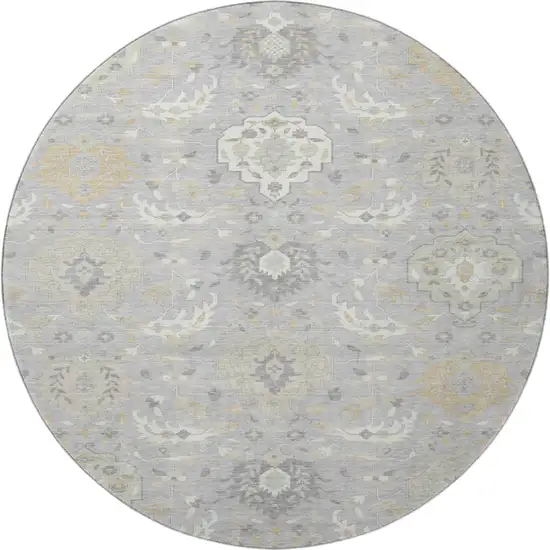 8' Gray Beige And Ivory Damask Washable Round Rug With UV Protection Photo 3