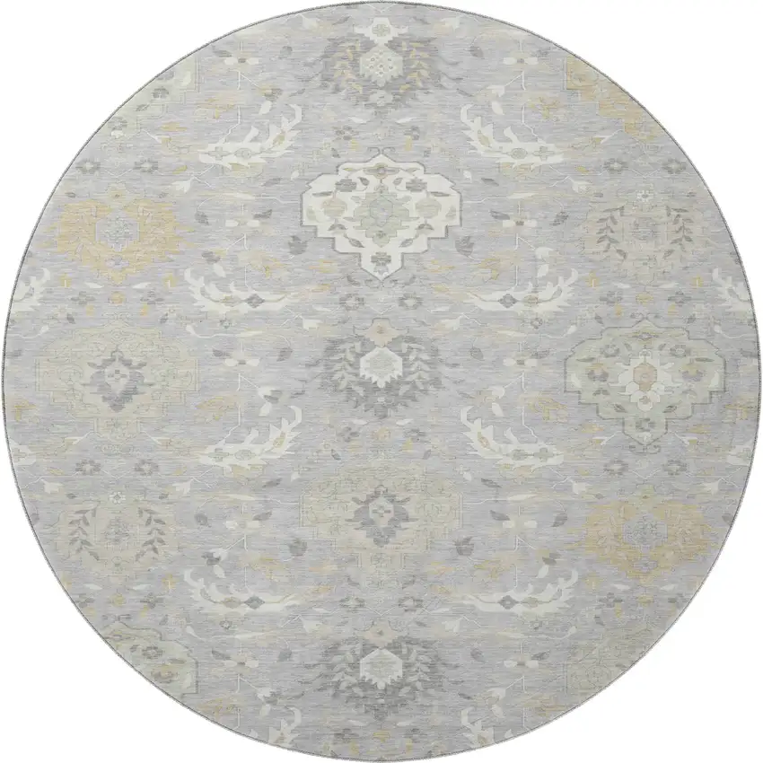 8' Gray Beige And Ivory Damask Washable Round Rug With UV Protection Photo 3