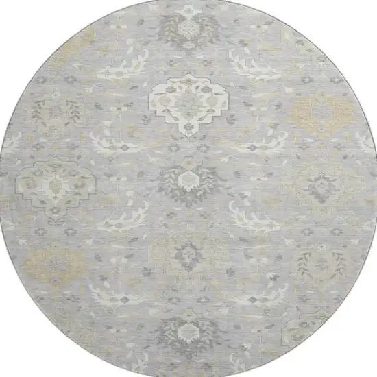 8' Gray Beige And Ivory Damask Washable Round Rug With UV Protection Photo 2