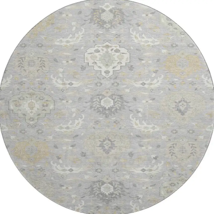 8' Gray Beige And Ivory Damask Washable Round Rug With UV Protection Photo 2