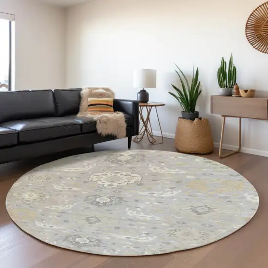 8' Gray Beige And Ivory Damask Washable Round Rug With UV Protection Photo 4
