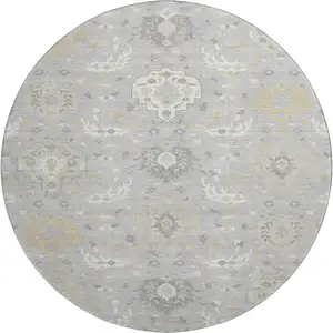 Photo of 8' Gray Beige And Ivory Damask Washable Round Rug With UV Protection