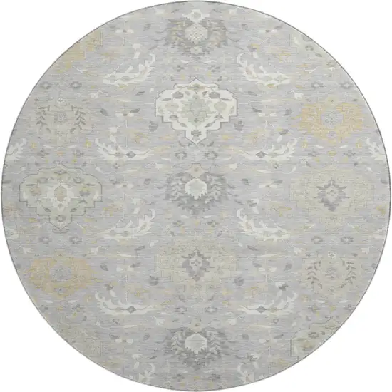 8' Gray Beige And Ivory Damask Washable Round Rug With UV Protection Photo 1